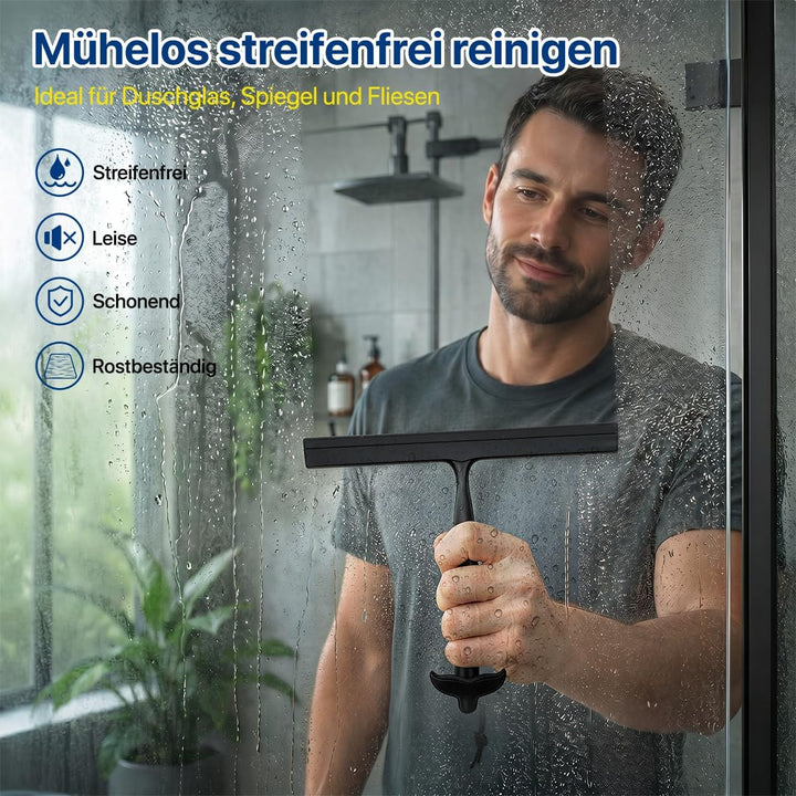 Zindoo Duschabzieher Schwarz Silikon 25 cm mit Haken für Dusche & Glas | Streifenfrei, Vollsilikon s