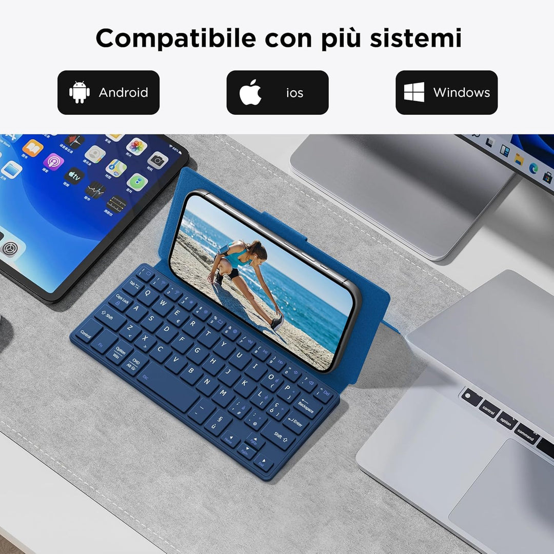 CACOE Mini Bluetooth Tastatur mit Ständer für Handy, Ultraflache Tragbare, Faltbare, Dual-Channel QW