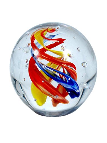 Traumkugel 242 (9-10cm) klar, orange, gelb, blauer Wirbel - Glaskugel, Briefbeschwerer