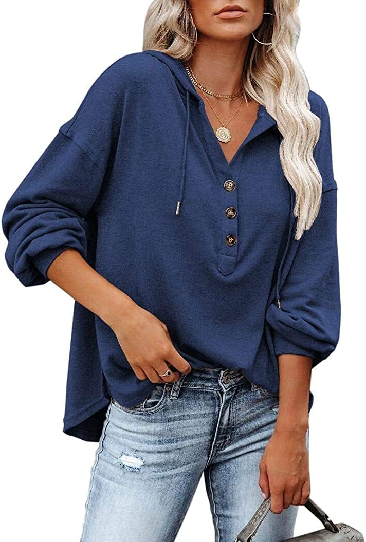 VIGVAN Kapuzenpullover Damen Hoodie Langarm V-Ausschnitt Pullover Knopfleiste Henley Sweatshirt mit