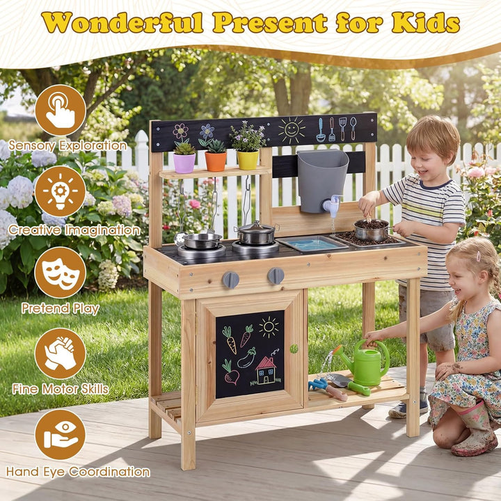 COSTWAY Matschküche Kinder Outdoor, Spielküche Holz mit Wassertank, Herd, Kreidetafel & Spüle, Outdo