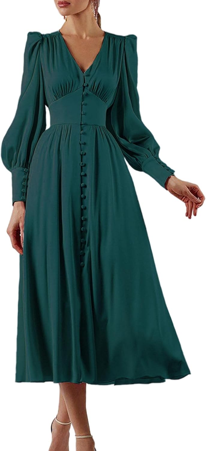 xxxiticat Damen Langarm Satin Maxikleid Lange Laternenärmel Knopfleiste Rüschen Einreihig Vintage Pu