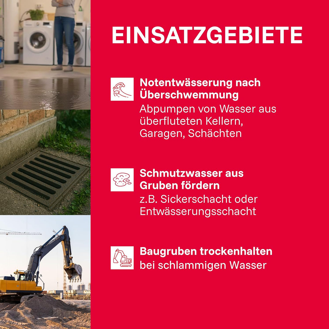 T.I.P. Schmutzwasser Tauchpumpe (7.000 l/h Fördermenge, 5 m Förderhöhe, 0,5 bar Druck, 300 W, 20 mm
