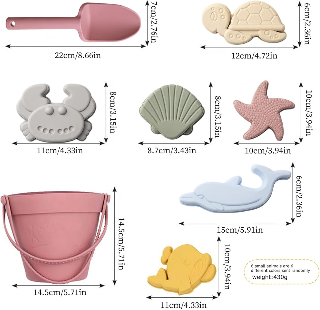 Sandspielzeug für Kinder, 8 Stück, sicheres Silikon-Strandspielzeug mit Schaufel, Eimer und Sandform