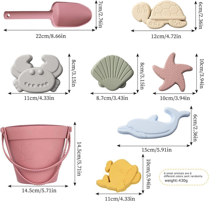 Sandspielzeug für Kinder, 8 Stück, sicheres Silikon-Strandspielzeug mit Schaufel, Eimer und Sandform