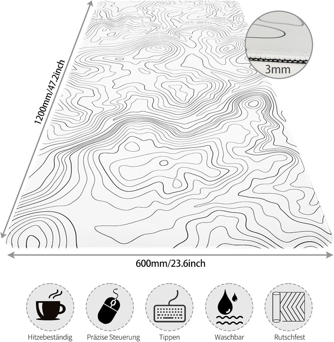 Weiss Gaming Mausepad,1200x600mm Gross Kunstlinie Mausmatte,Mousepad mit doppelt vernähten Kanten,Wa