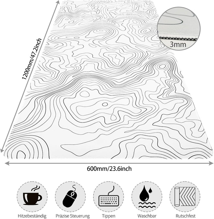 Weiss Gaming Mausepad,1200x600mm Gross Kunstlinie Mausmatte,Mousepad mit doppelt vernähten Kanten,Wa