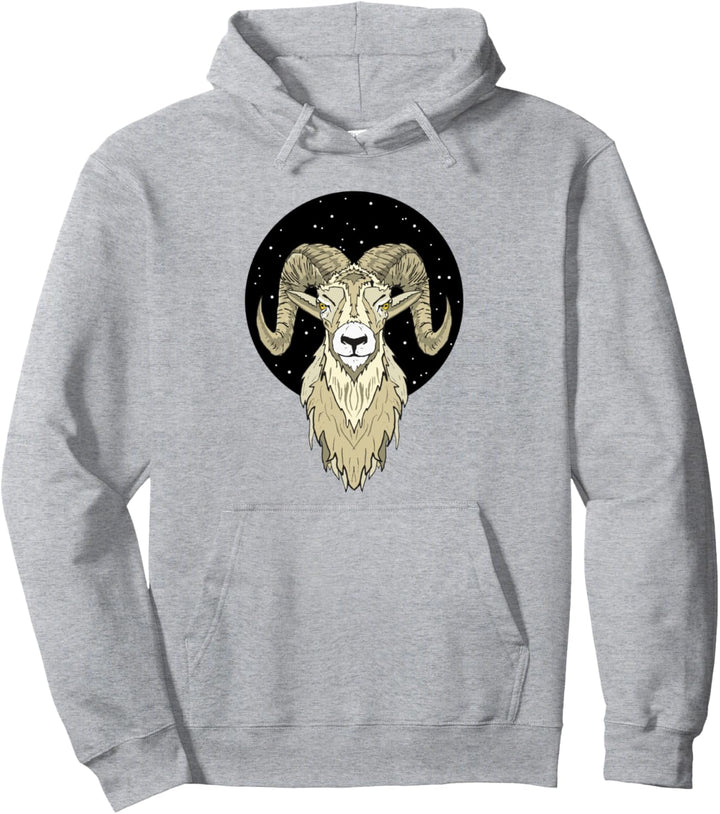Artistic Big Horn Sheep Ram Head Night Sky Stars Graphic Pullover Hoodie