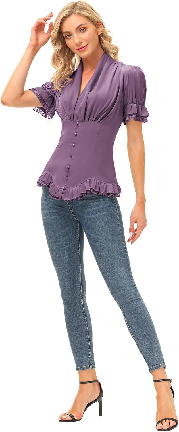 SCARLET DARKNESS Damen Rüschenbluse Mittelalter Spitzen Shirt Gothic Bluse für Party Oberteil, Lila