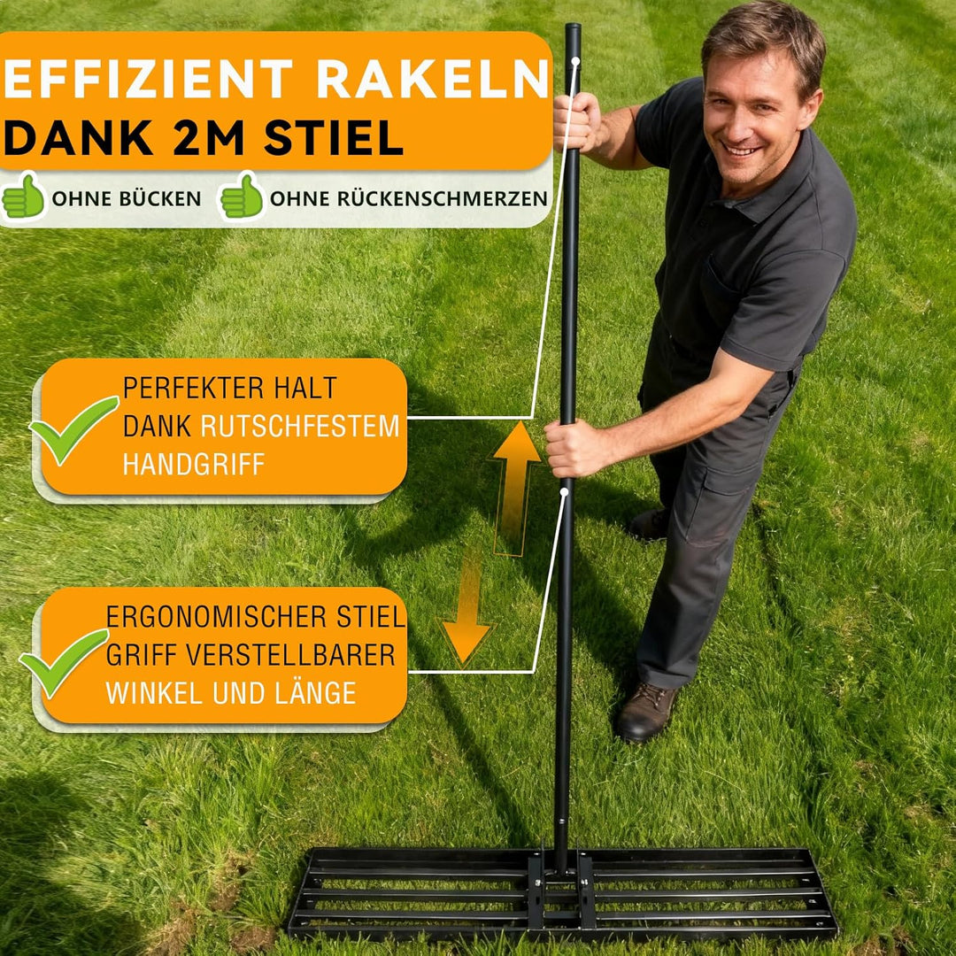 Warmfay Rasenrechen 45x25 cm inkl. 2M Verstellbarem Metallstiel mit Gewinde-Verschraubungssystem, Ha