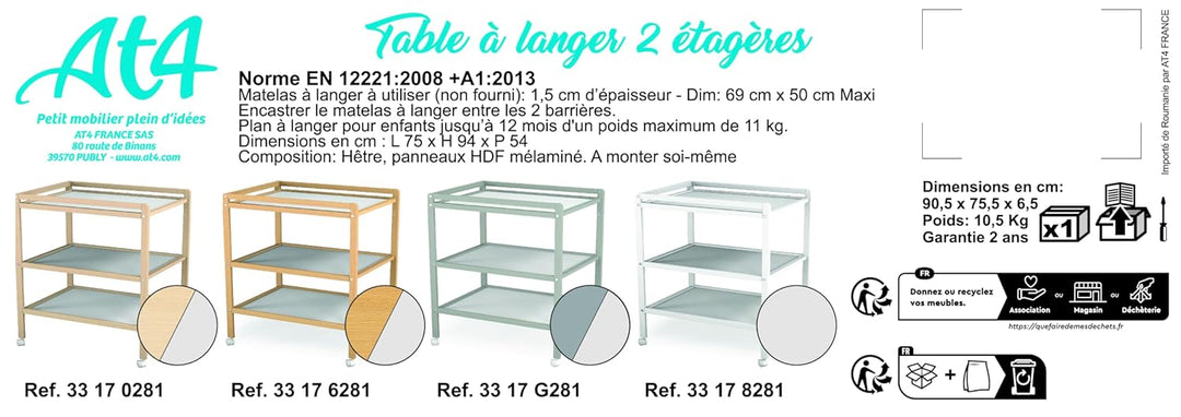 AT4 - Wickeltisch mit 2 Regalen Essentiel Lackierte Buche | 75 x 58 x 94 cm | Wickelkommode mit Roll