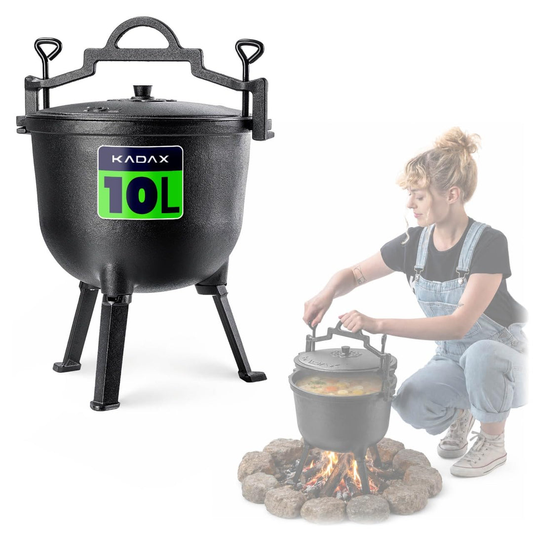 KADAX Jagdkessel 10L, Gusseisen Kochtopf mit Füssen, Schmortopf aus Gusseisen, Dutch Oven für Garten