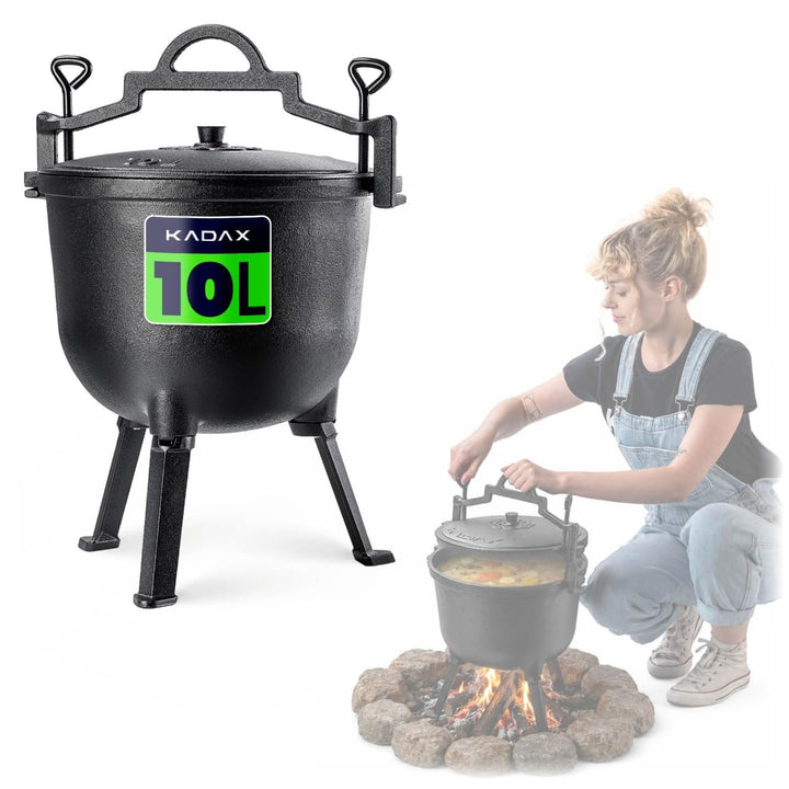 KADAX Jagdkessel 10L, Gusseisen Kochtopf mit Füssen, Schmortopf aus Gusseisen, Dutch Oven für Garten