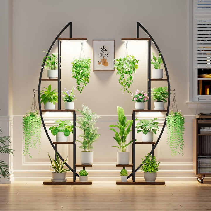 BACEKOLL 6 Ebenen Blumenständer mit Wachstumslichtern - Metall Holz Pflanzenregal - 160CM Innen Blum