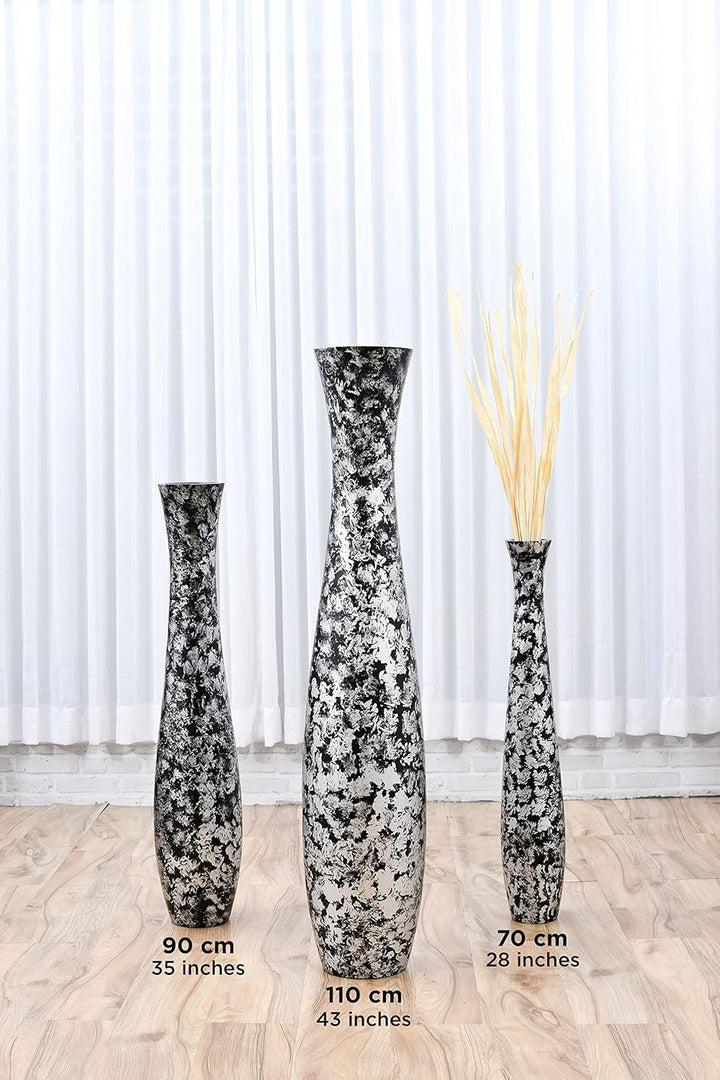 Leewadee Grosse Bodenvase für Dekozweige hohe Standvase Design Holzvase, Holz, 70 cm, Schwarz Silber