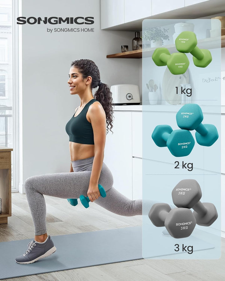SONGMICS Hanteln, Hantelset, Kurzhanteln, Hexagon, mit Hantelständer, 2 x 1 kg, 2 x 2 kg, 2 x 3 kg,