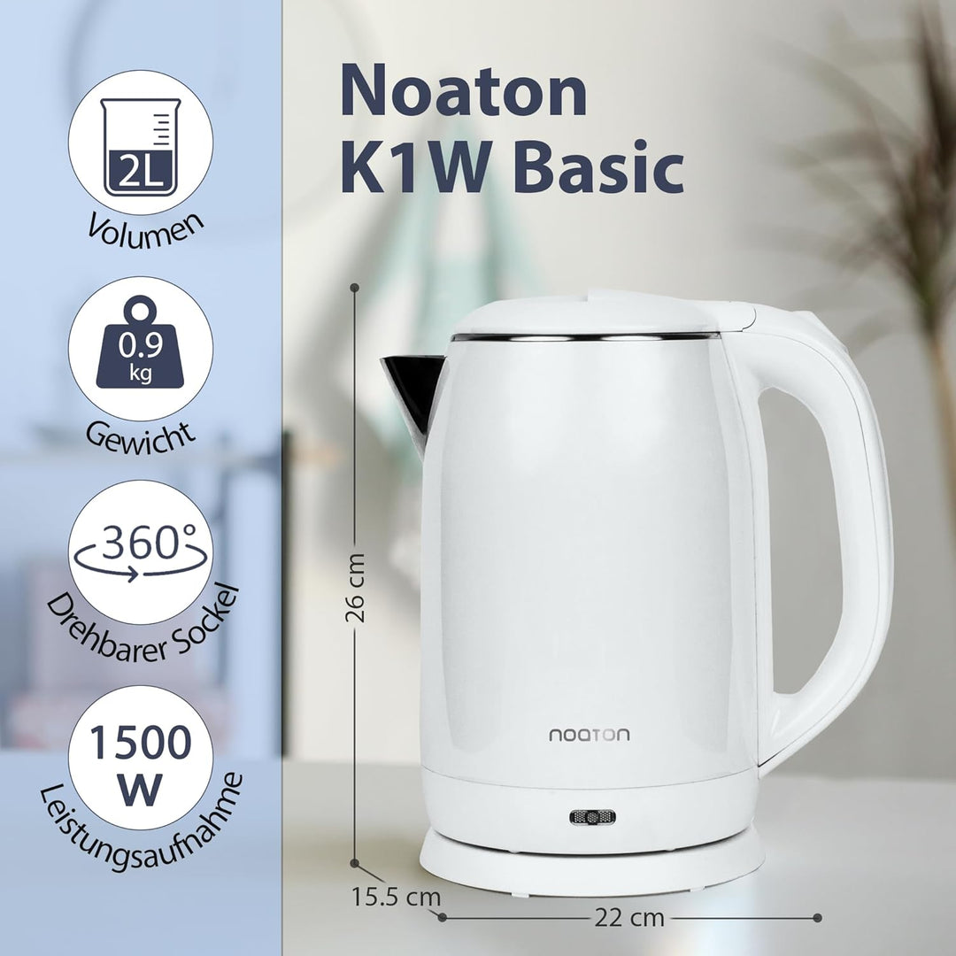 Noaton K1W Basic, Elektrische Wasserkocher, Kapazität 2L, Doppelwand-Design, Edelstahl, 1500 W, Leis