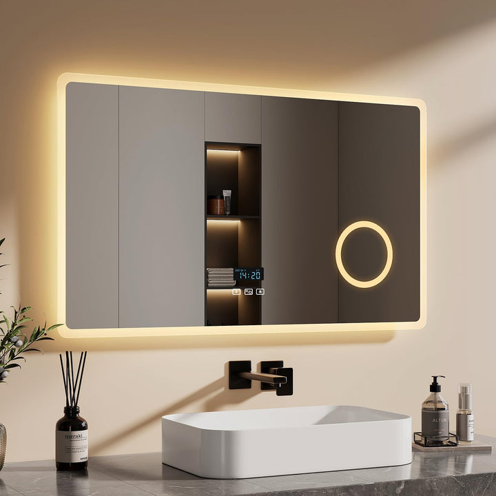 EMKE® 7 in 1 Badspiegel mit Beleuchtung 100x60cm Badezimmerspiegel 3000K/4000K/6500K Touch+Dimmbar+B
