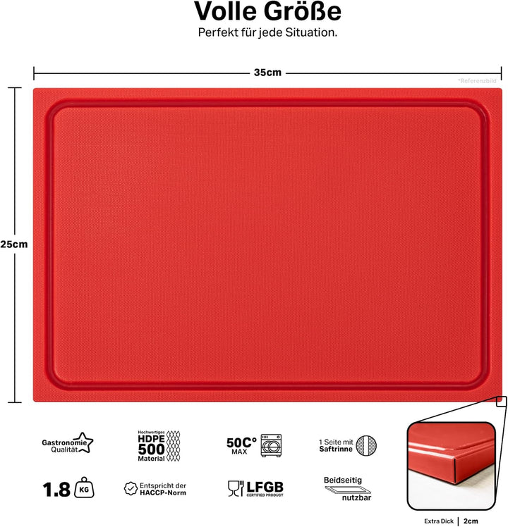 stabiles Schneidebrett Kunststoff | Rot, 35x25x2 cm | Spülmaschinenfest, EXTRA dick, messerschonend