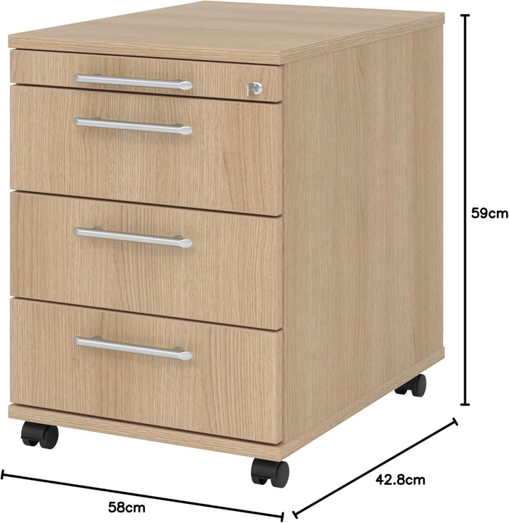 bümö Rollcontainer mit Schubladen, Container abschliessbar aus Holz in Eiche - Rollwagen für's Büro