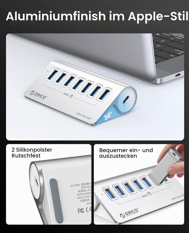 ORICO USB C Hub, 7-Port Aluminium USB Splitter, 5Gbps USB Hub mit 0.5m USB C Kabel und USB A Adapter