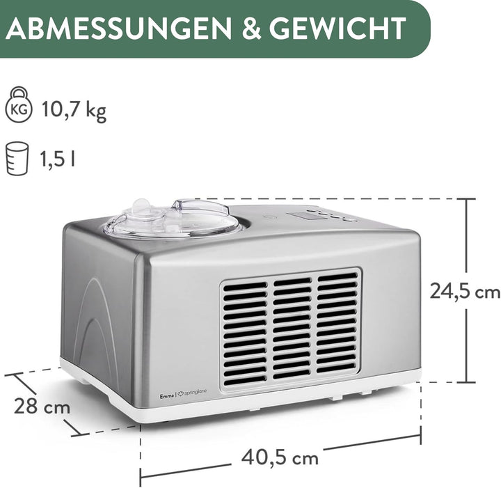 SPRINGLANE Eismaschine Emma 1,5 L mit selbstkühlendem Kompressor 150 W, Eiscrememaschine aus Edelsta