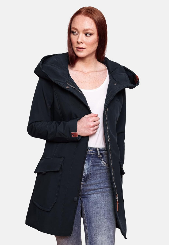 MARIKOO Damen Softshell Jacke Winterjacke wasserabweisend Outdoor lang B856 XS Navy, XS Navy