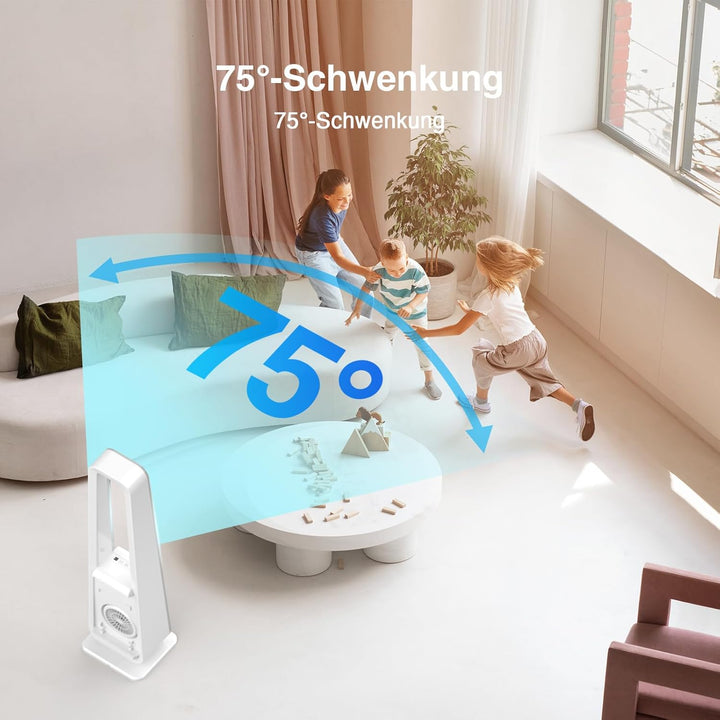 Rotorloser Ventilator,Turmventilator sehr Leise,3 Geschwindigkeiten,75°Oszillation,12H Timer,LED-Anz