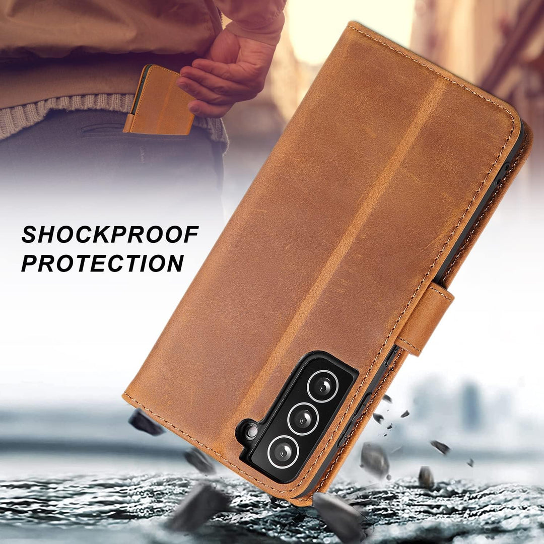 LENSUN Echtleder Hülle für Samsung Galaxy S21, Handyhülle [Echtes Leder] [Magnetverschluss] [RFID Sc