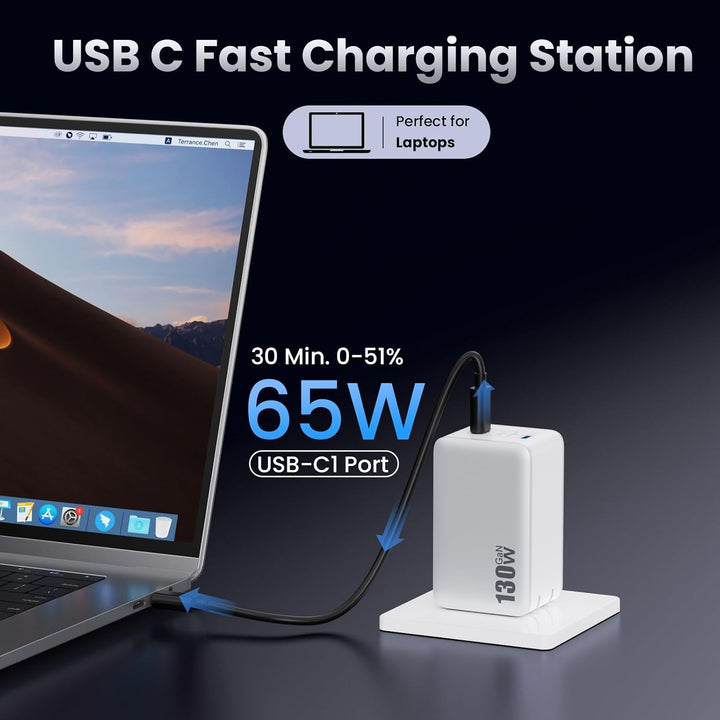 130W USB C Ladegerät, 3-Port GaN IV USB C Netzteil Laptop Ladegerät, 65W PD/PPS/QC Schnellladegerät