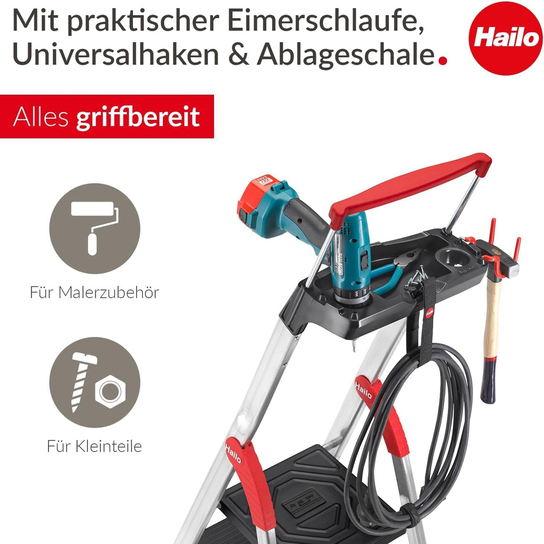 Hailo Stehleiter TopLine, 5 XXL-Sicherheits-Stufen bis 150kg, Aluminium Leiter mit ausziehbarem Halt
