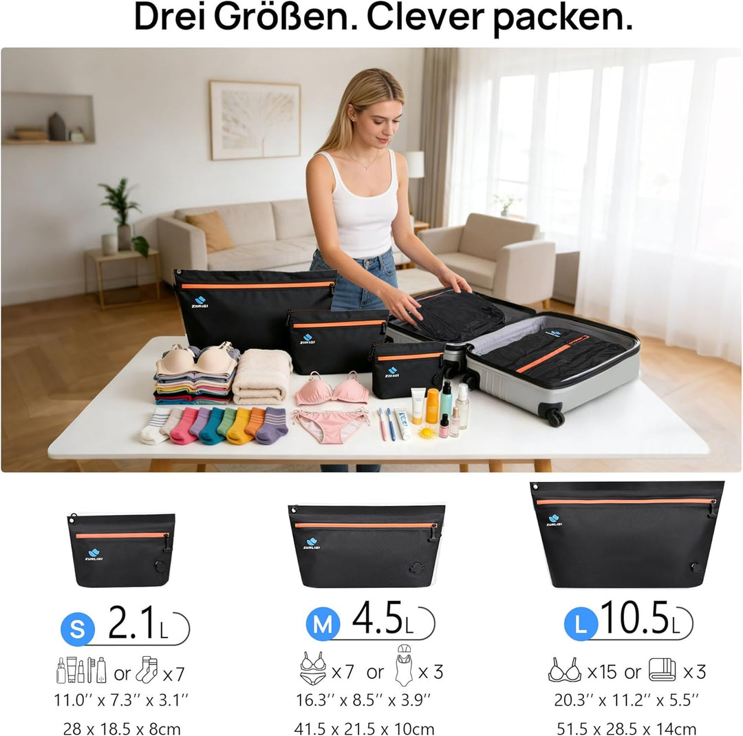 Zurligi Reise-Vakuumbeutel mit Pumpe, 3er-Set, IPX8 wasserdichte & robuste TPU Vakuum-Kompressionsbe