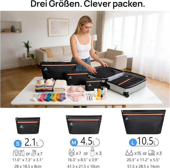 Zurligi Reise-Vakuumbeutel mit Pumpe, 3er-Set, IPX8 wasserdichte & robuste TPU Vakuum-Kompressionsbe