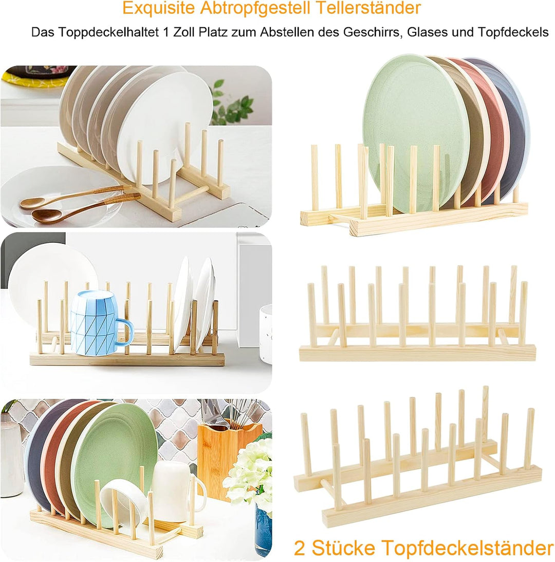 2 Stk Tellerständer Geschirr Topfdeckelhalter Holz Tellerhalter Abtropfständer Tellerregal Halter Ge