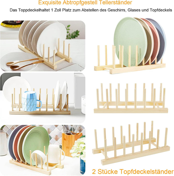 2 Stk Tellerständer Geschirr Topfdeckelhalter Holz Tellerhalter Abtropfständer Tellerregal Halter Ge