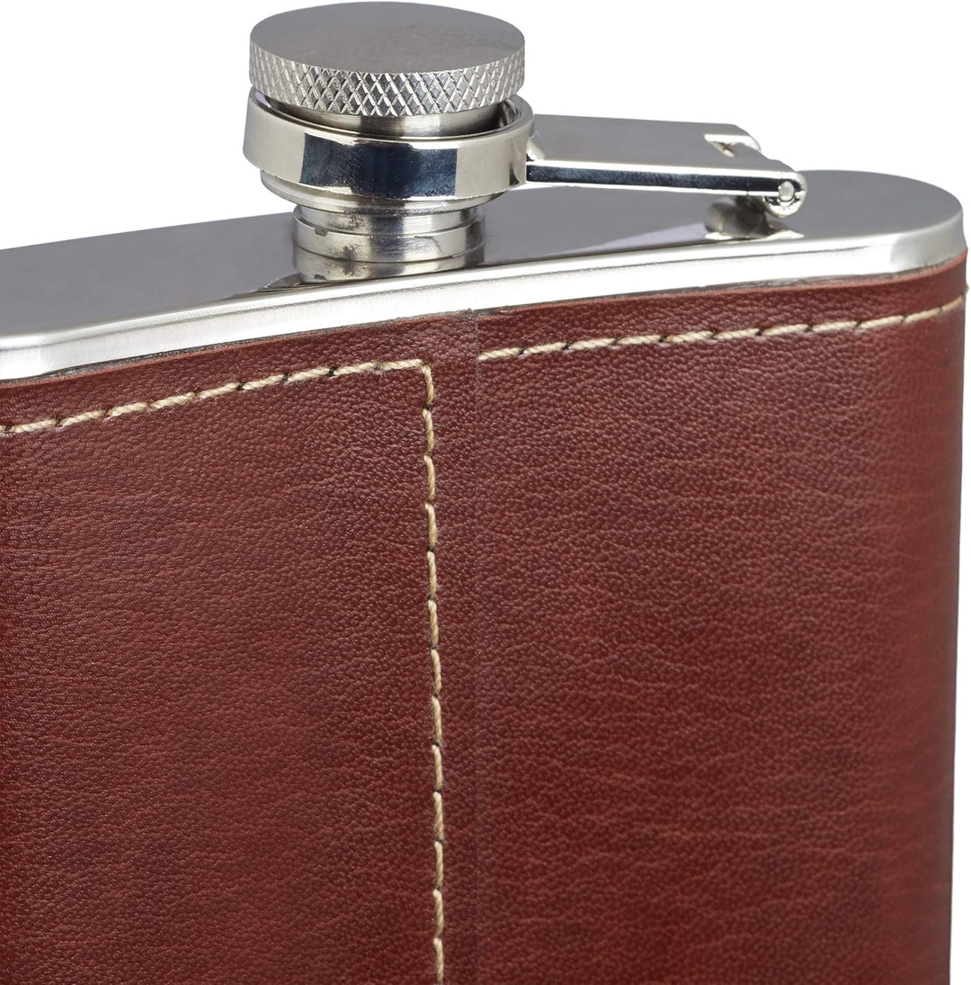 Relaxdays Flachmann 200ml, Taschenflasche aus Edelstahl mit Kunstleder Hülle, Kleiner Flachmann für