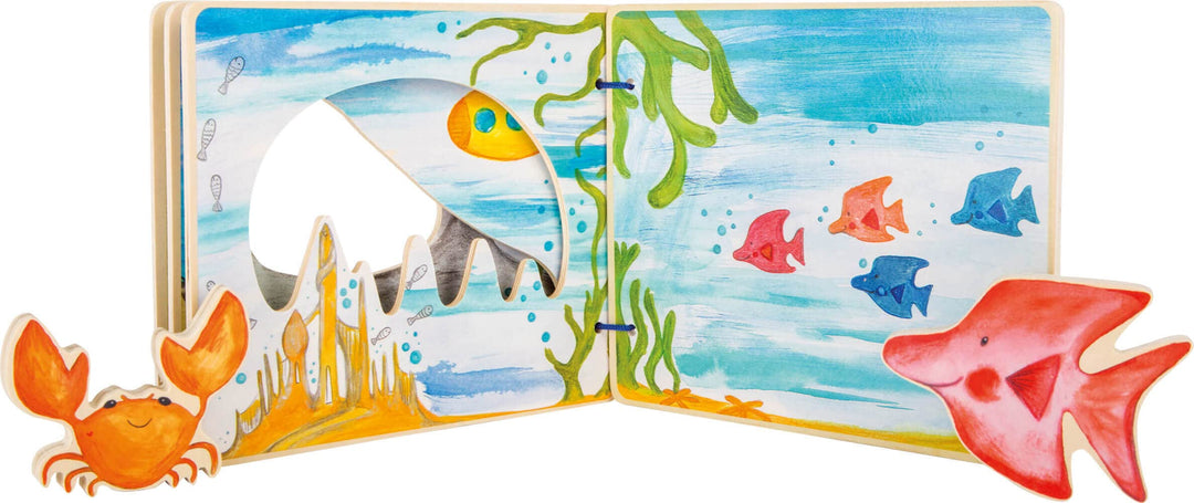 small foot Bilderbuch Unterwasserwelt, interaktives Buch aus Holz für Kinder, mit Krabbe und Fisch,