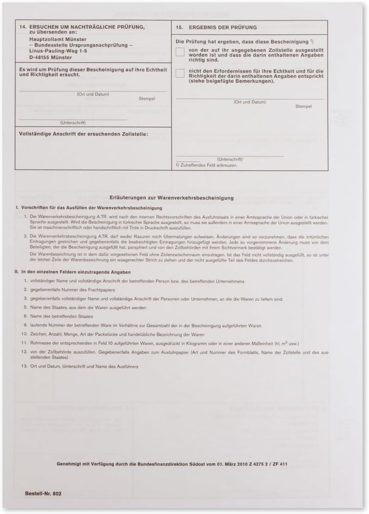 mashpaper A.TR. ATR Warenverkehrsbescheinigung Formular für Laserdrucker Menge wählbar 10, 50 oder 1