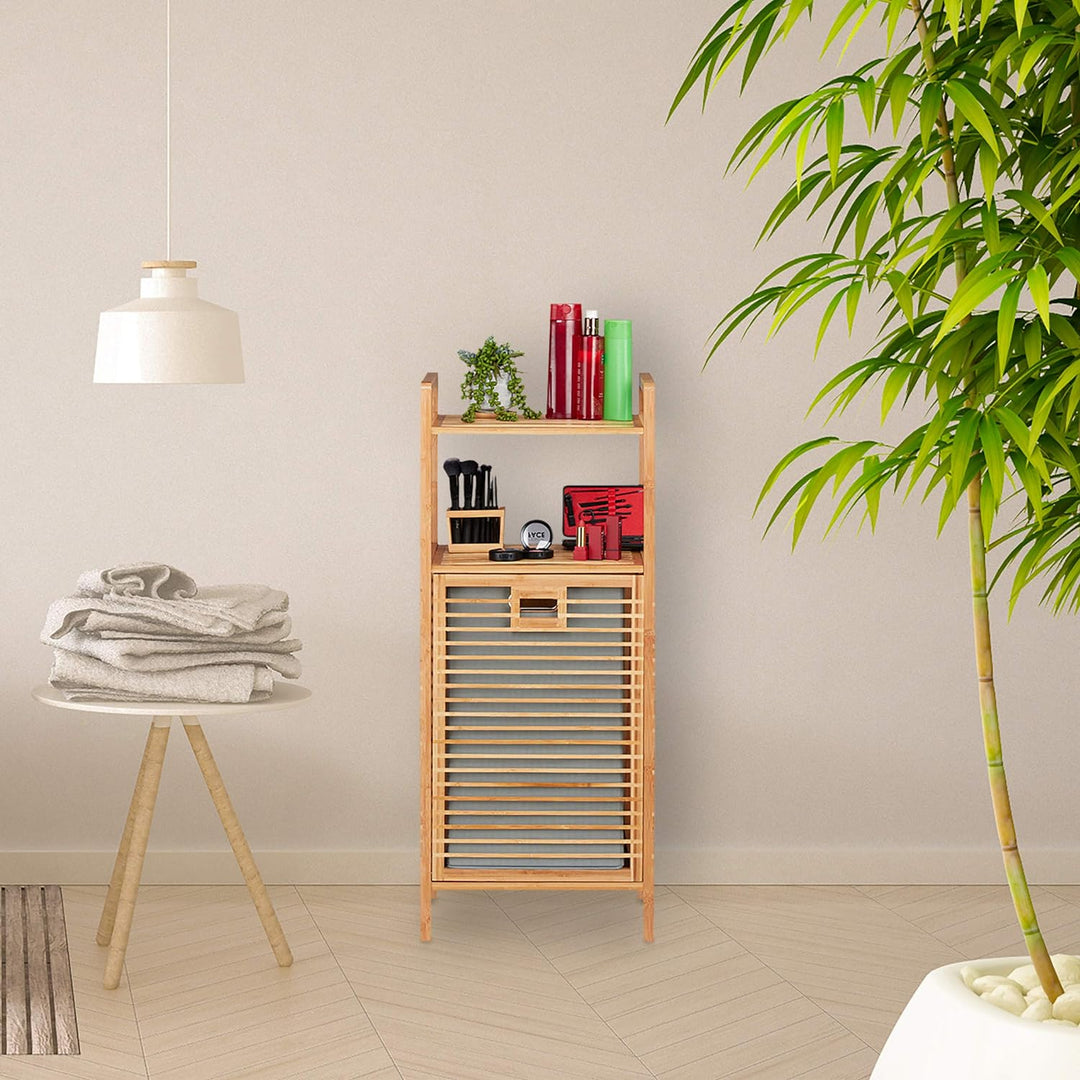 Relaxdays Badregal mit Wäschekorb, herausnehmbare Faltbox aus Stoff, Regal aus Bambus, HBT 95 x 40 x