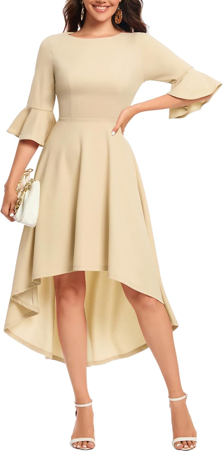 Gardenwed Festliches Kleid Damen 3/4 arm Flare Bell Sleeve Rundhals Kleider High-Low Cocktailkleider