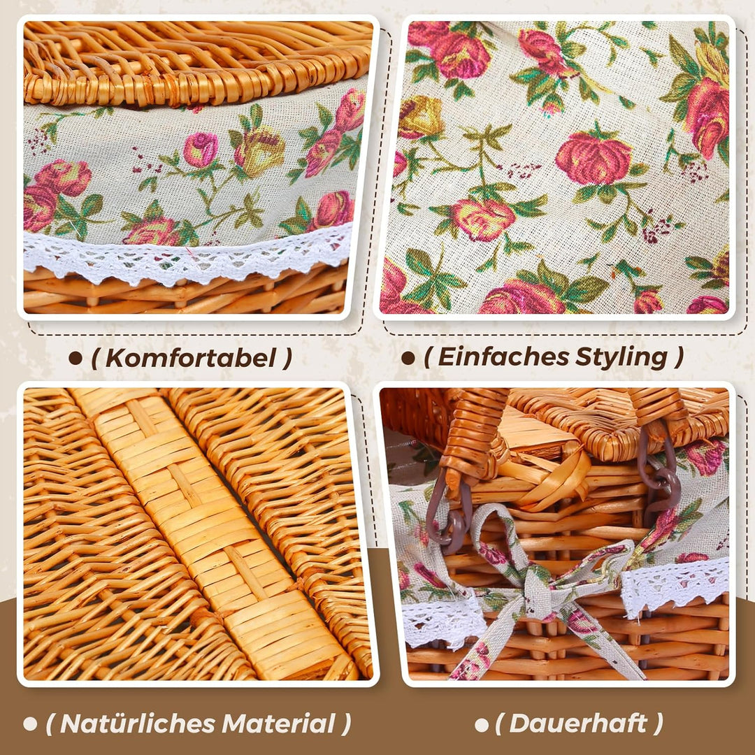 Picknickkorb-Set aus Weide für 4 Personen mit Deckel und Griff. Picknickkorb mit waschbarem Futter u
