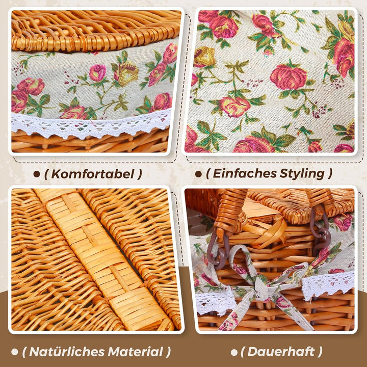 Picknickkorb-Set aus Weide für 4 Personen mit Deckel und Griff. Picknickkorb mit waschbarem Futter u