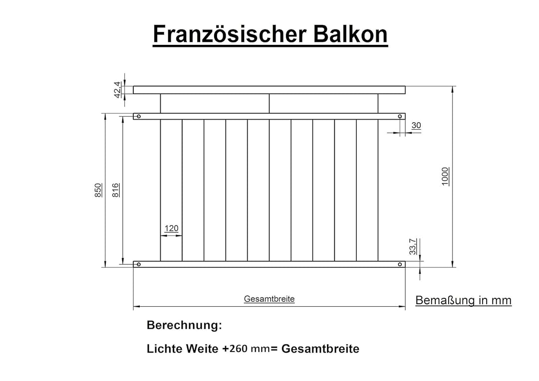 Französischer Balkon aus Edelstahl V2A - Länge 116-130 cm (116 cm), 116 cm