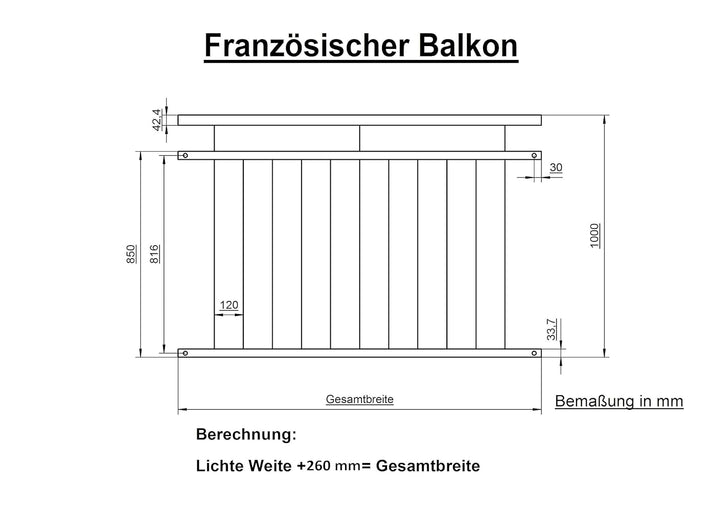 Französischer Balkon aus Edelstahl V2A - Länge 116-130 cm (116 cm), 116 cm