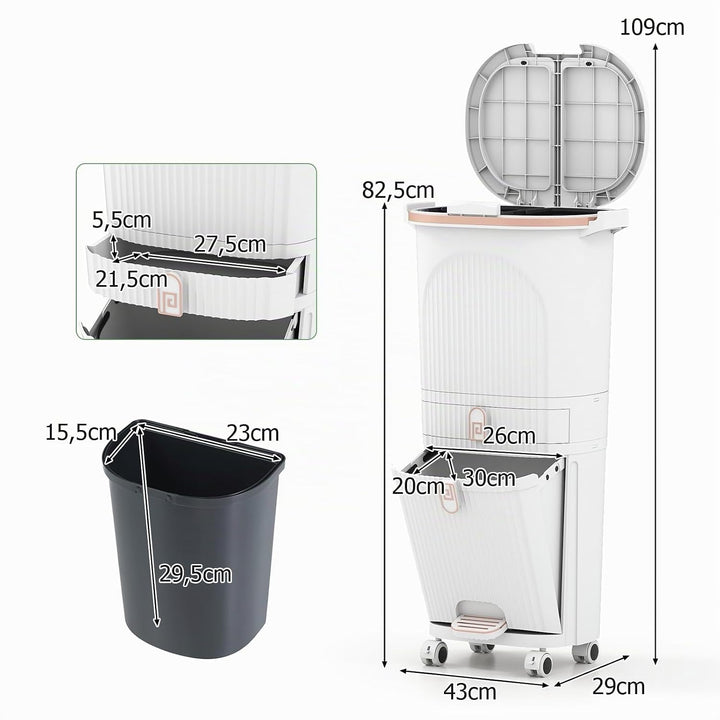 GIANTEX Mülleimer Küche 42 L, Mülltrennsystem 3 Fächer &amp; Schublade, Abfalleimer mit Rollen, Küchenmü