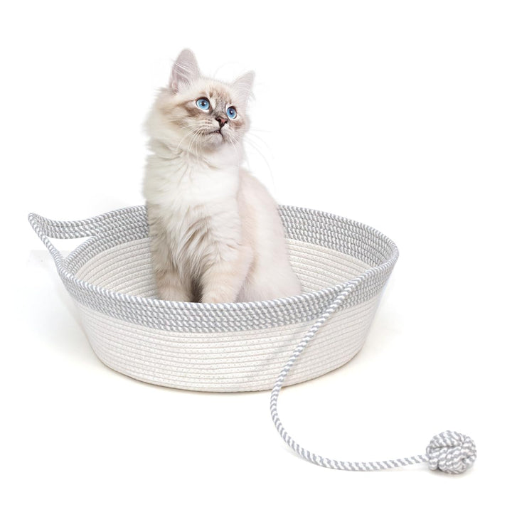 Katzenbett mit Spielzeug Schwanz, Handgewebt Langlebig Katzenkorb aus Rundbaumwollseilen als Katzens