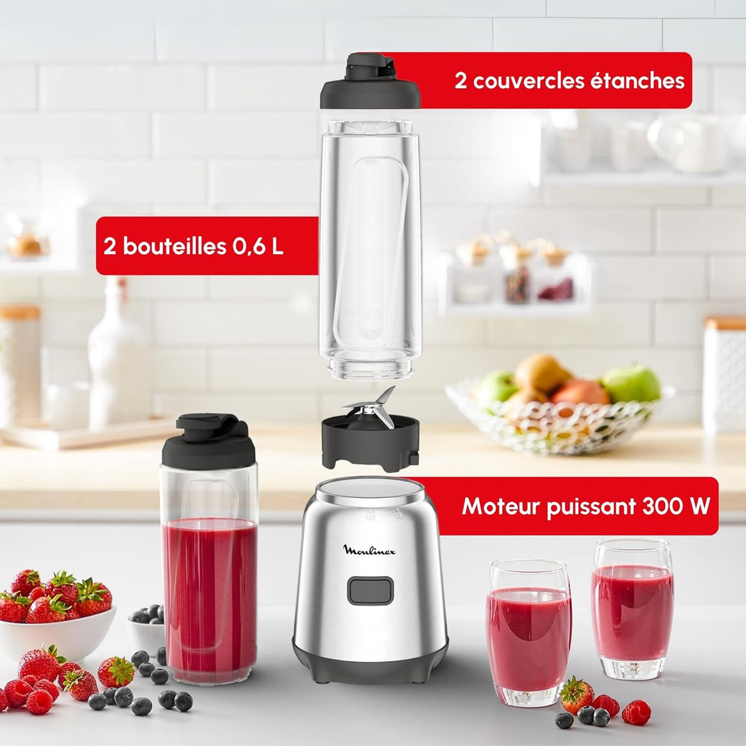 Moulinex Mix&Move Standmixer 2 Flaschen to go Tritan, kompaktes Design, herausnehmbarer Mixer, Einze