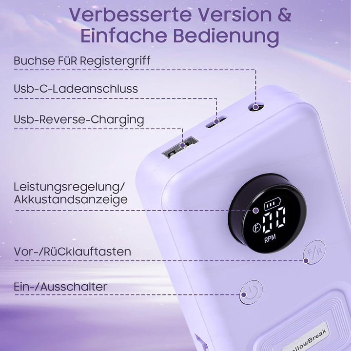 Elektrischer Nagelbohrer, 45.000 U/min, Wiederaufladbare Kabellose Nagelfeilenmaschine mit LED-Anzei