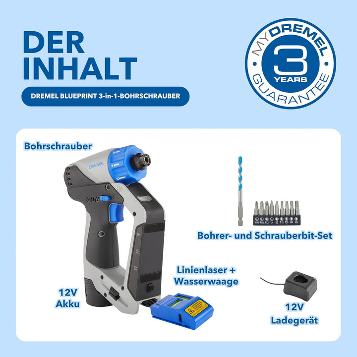 Dremel Blueprint 12V 3-in-1 Akku-Bohrschrauber Multischrauber Set mit Ortungsgerät, 1x abnehmbarer L