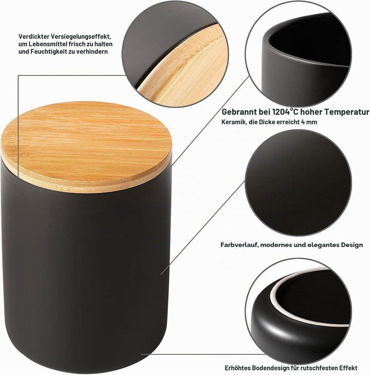 3 Stück Vorratsdosen Schwarz, Vorratsdosen Keramik mit Deckel Luftdicht, Keksdose Keramik 260/800/10
